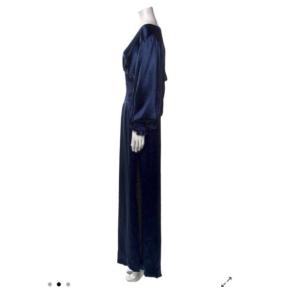 Caroline Constas V Neck Smocked Waist Wide Leg Satin Navy Blue Jumpsuit Small - Picture 7 of 8